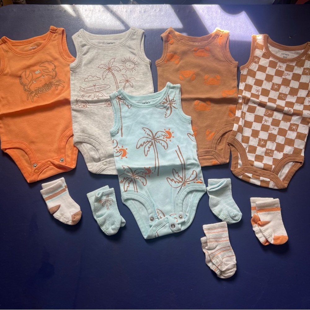 Carter's Tropical and Checkered Bodysuit Set - Orange, Blue, Brown